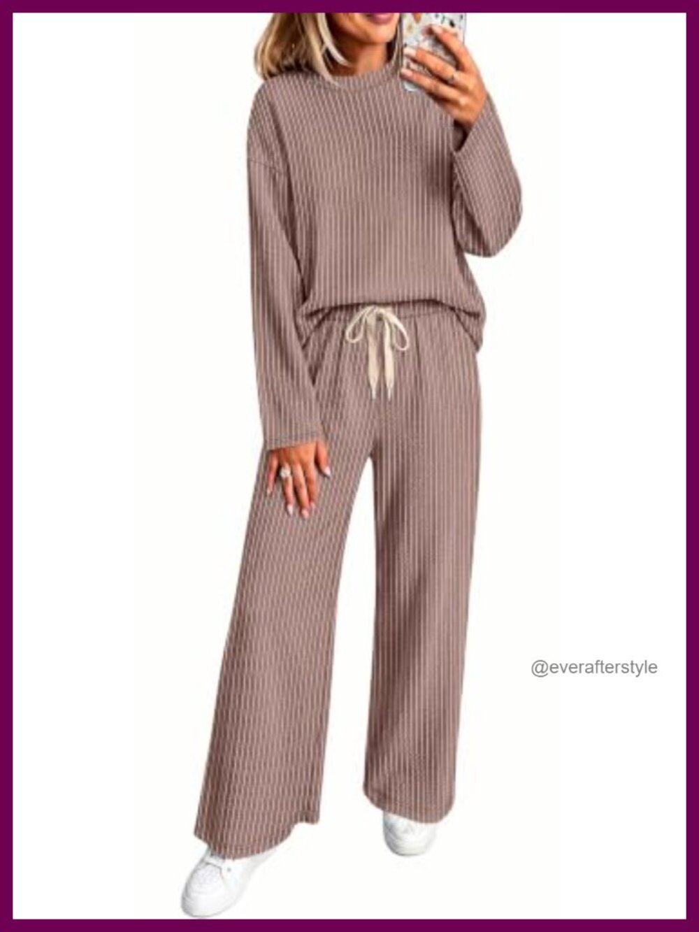 Women Ribbed Knit Two Piece Lounge Set Long Sleeve Top & Pants